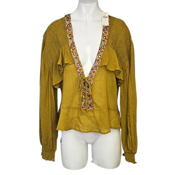 Anthropologie Embellished Grommet Ruffled Blouse, Maize, Cotton, Boho, Size M - Picture 2 of 10